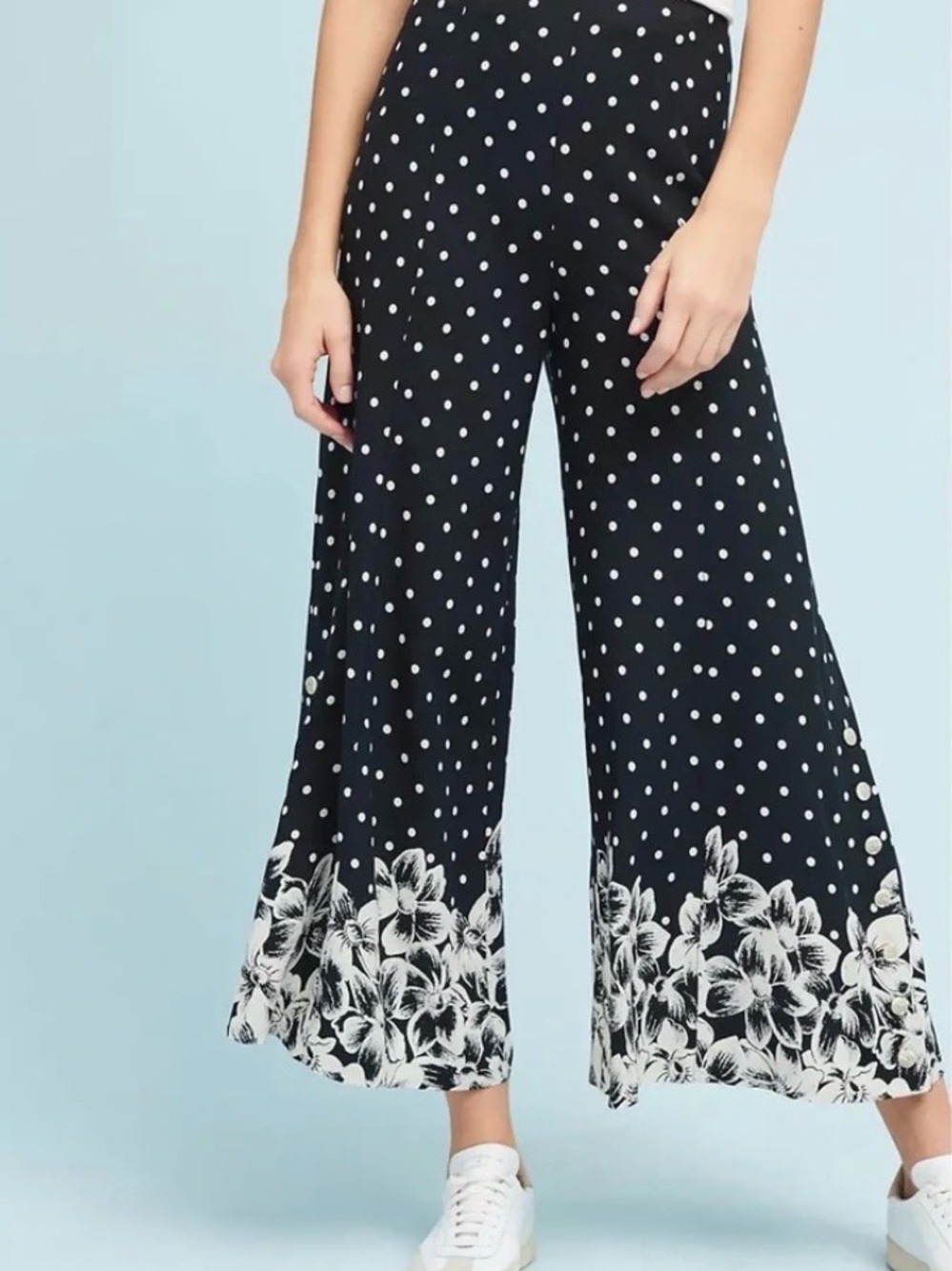 Anthropologie Chesapeake Wide Leg Black Polka Dot and Floral Pants